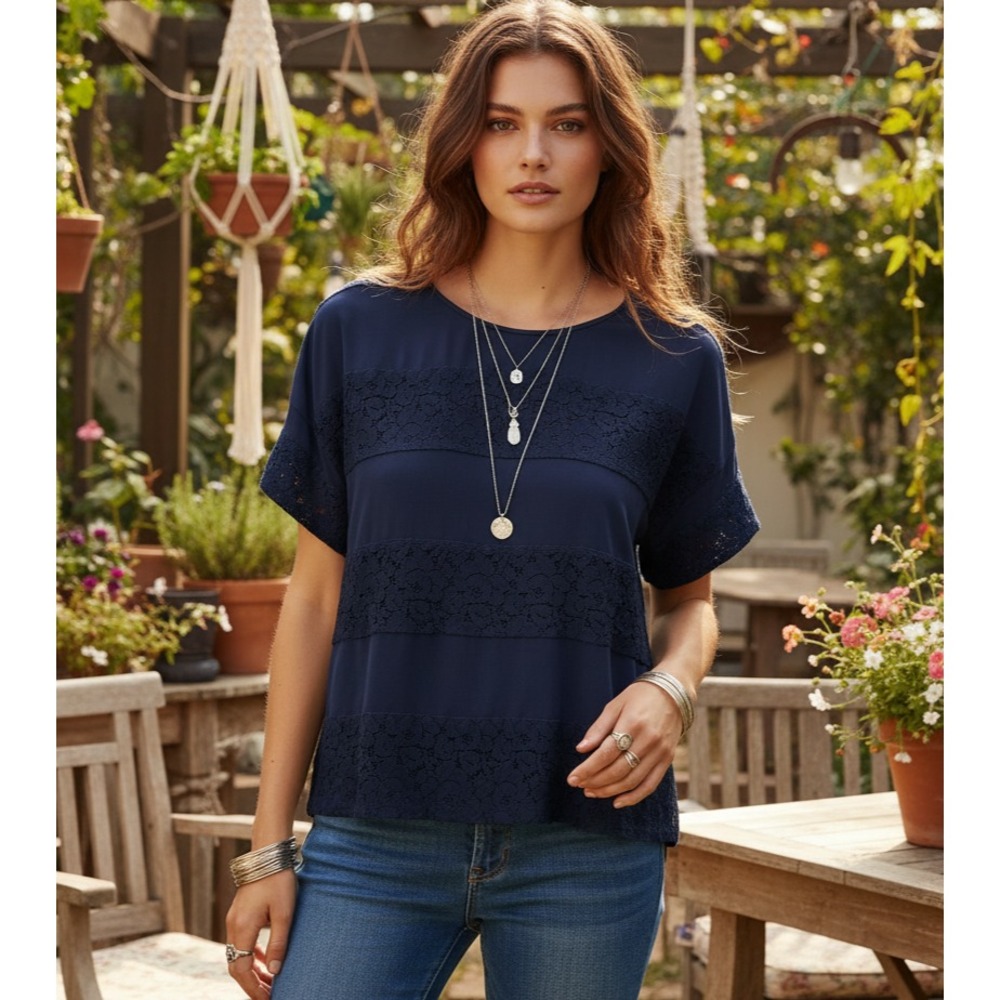 Loftβ S Blue Lace Top Navy Boho Coastal Cottage Casual Office Indie SS Dolman